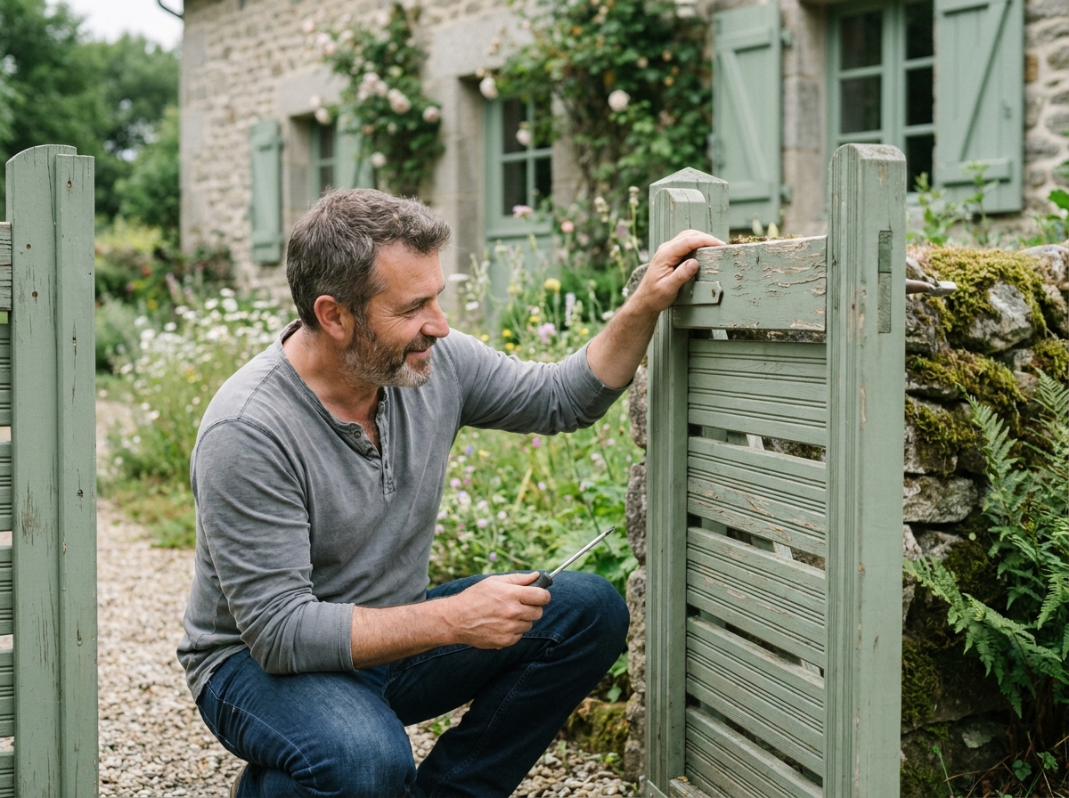 Homme inspectant un portail en bois peint vert sauge dans un jardin de maison de campagne