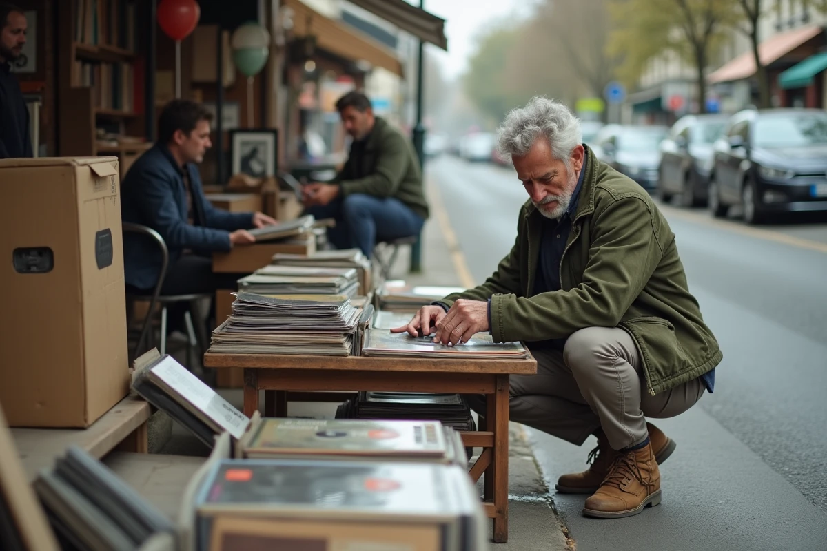 Homme cherchant des disques vinyles dans un vide grenier du 92 en région parisienne