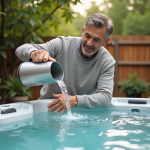 Homme d'âge moyen versant de l'eau dans un spa extérieur