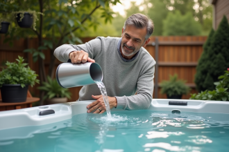 Homme d'âge moyen versant de l'eau dans un spa extérieur