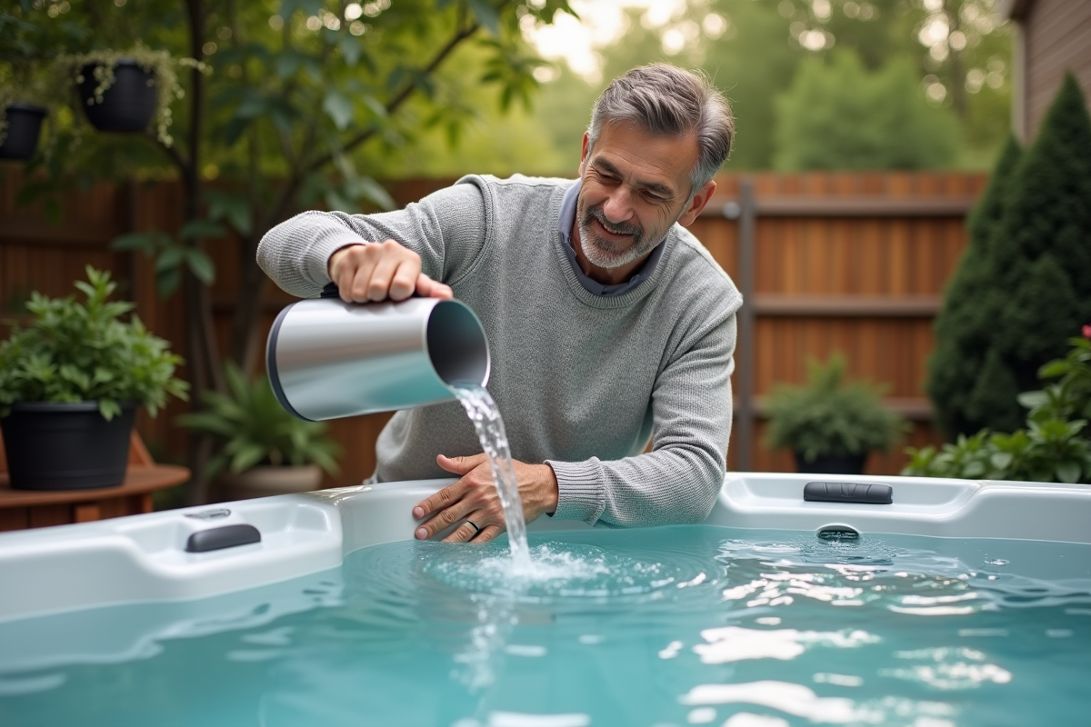 Homme d'âge moyen versant de l'eau dans un spa extérieur