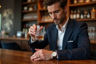 Homme en costume navy dégustant un whisky au bar