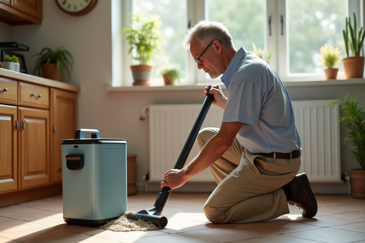 Homme vidant le bac d un aspirateur dans une cuisine lumineuse