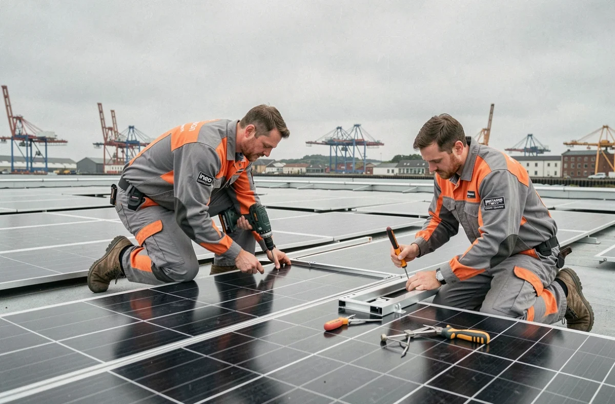Techniciens Ineo Bretagne Groupe Equans installant des panneaux solaires sur un bâtiment industriel à Brest