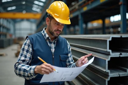 Ingénieur en structure examinant des profilés IPN en acier dans un entrepôt industriel avec un plan technique