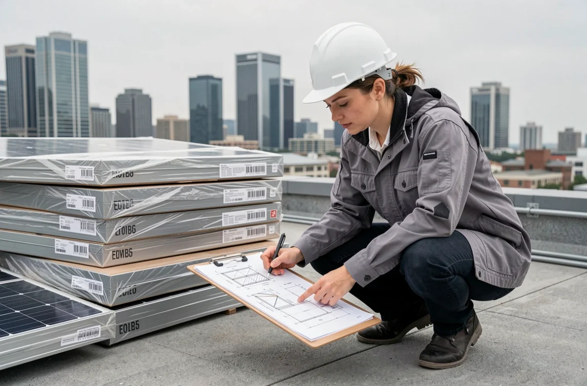 Ingénieure analysant les plans de charge d'une toiture avant l'installation de panneaux solaires sur une terrasse urbaine