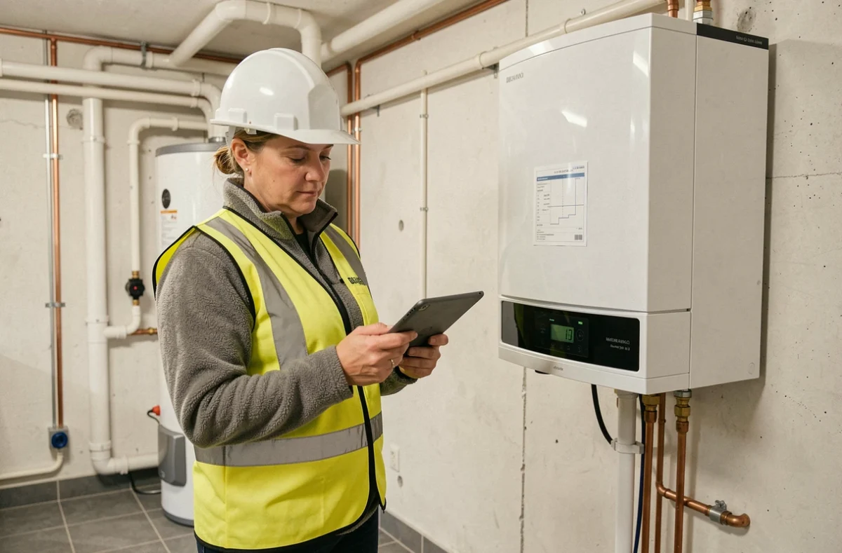 Ingénieure vérifiant les plans d'installation d'une pompe à chaleur dans une salle technique à Dijon