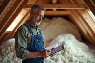 Homme en overalls examine l'isolation dans un grenier