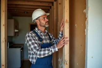 Hommes inspectant l'isolation intérieure dans une maison