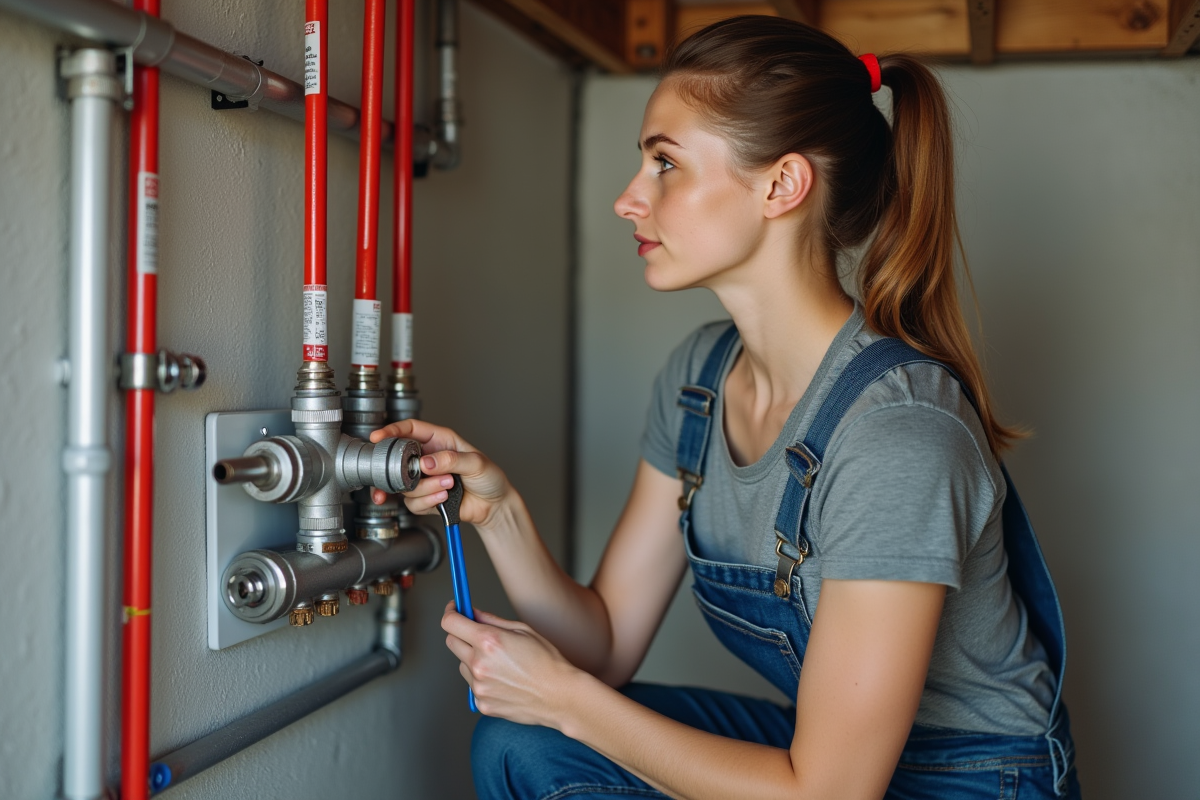 Jeune femme inspectant un systeme de plomberie PEX dans un sous-sol