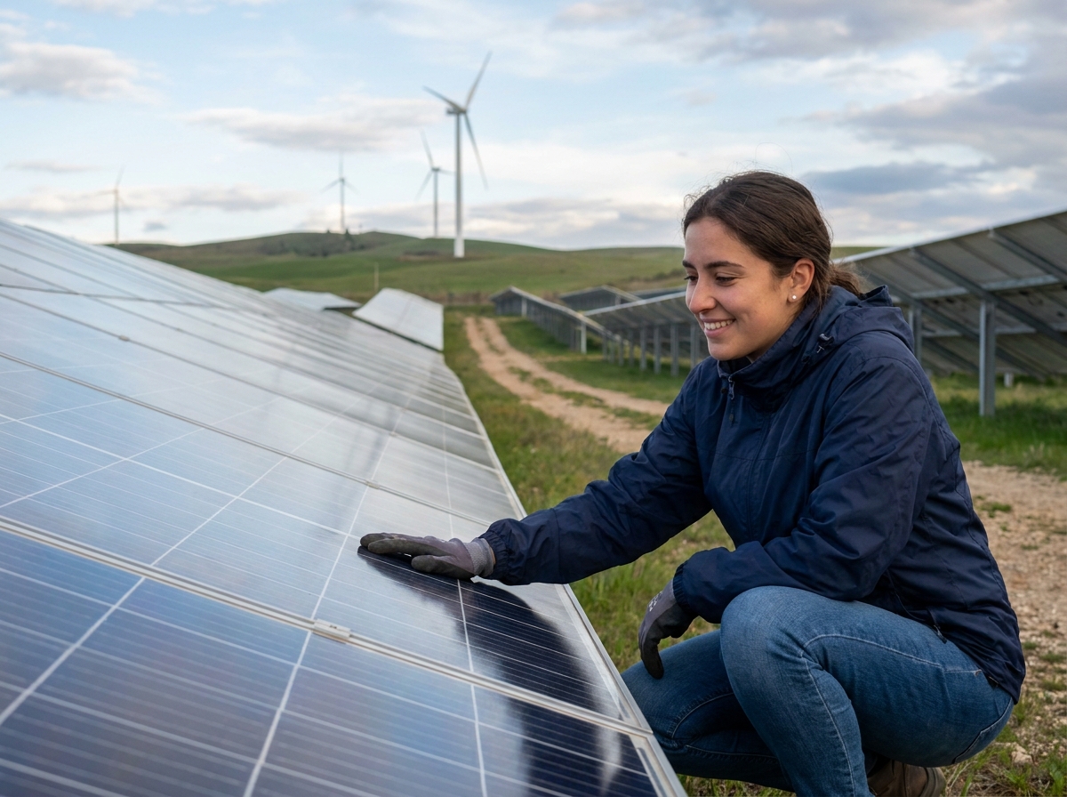 Jeune femme inspectant des panneaux solaires dans une ferme solaire
