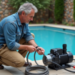 Homme inspectant une pompe de piscine extérieure moderne