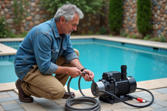 Homme inspectant une pompe de piscine extérieure moderne