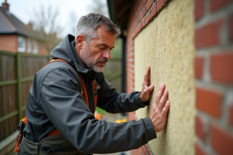Ouvrier posant une laine mineral sur un mur extérieur
