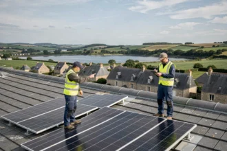 Installateurs de panneaux solaires sur un toit en Bretagne avec vue sur le Finistère