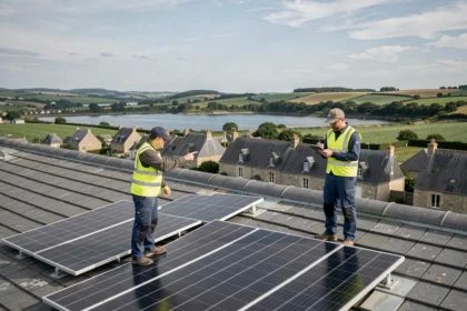 Installateurs de panneaux solaires sur un toit en Bretagne avec vue sur le Finistère
