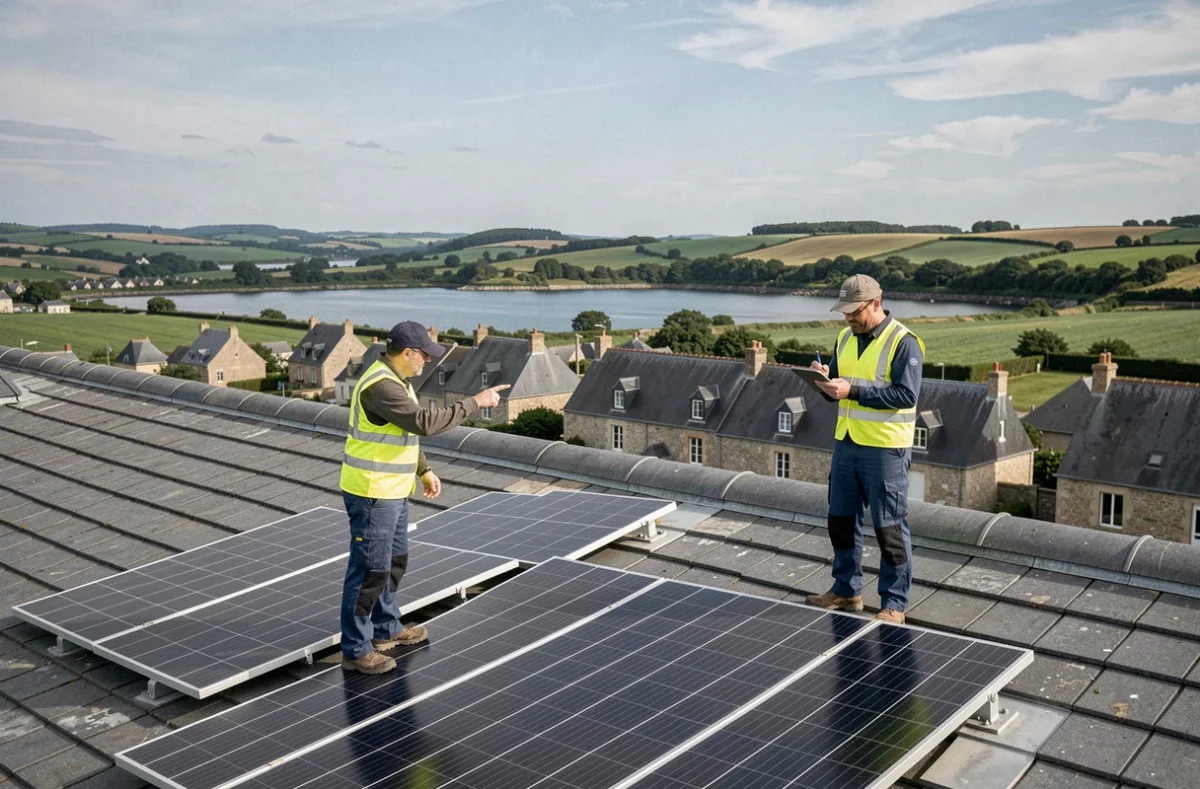 Installateurs de panneaux solaires sur un toit en Bretagne avec vue sur le Finistère