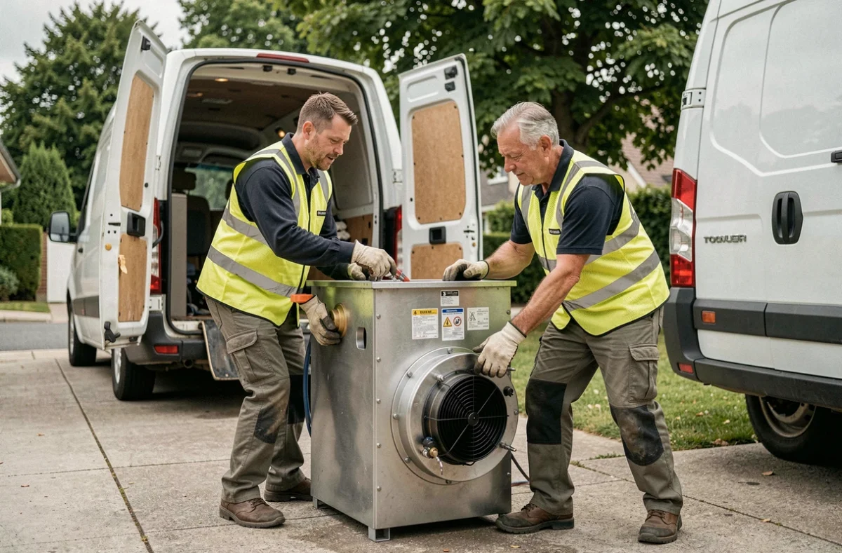 Deux installateurs professionnels livrant et installant une pompe à chaleur géothermique dans un pavillon en banlieue du Mans