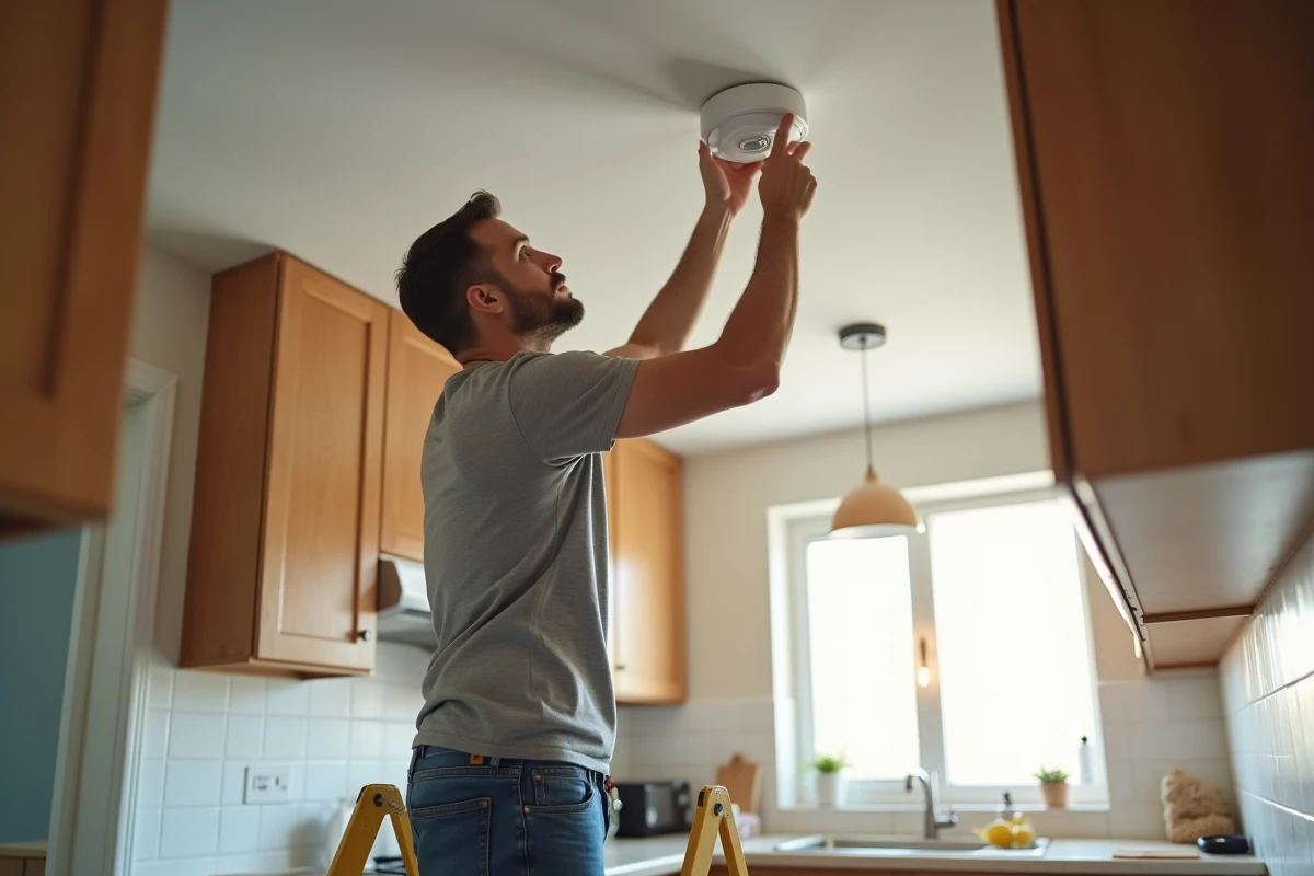 Homme installant un détecteur de fumée autonome Angeleye au plafond de sa cuisine sur un marchepied