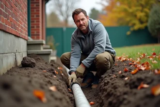 Poseur de drain creusant une tranchée le long des fondations d'une maison pour installer un drain de fondation perforé