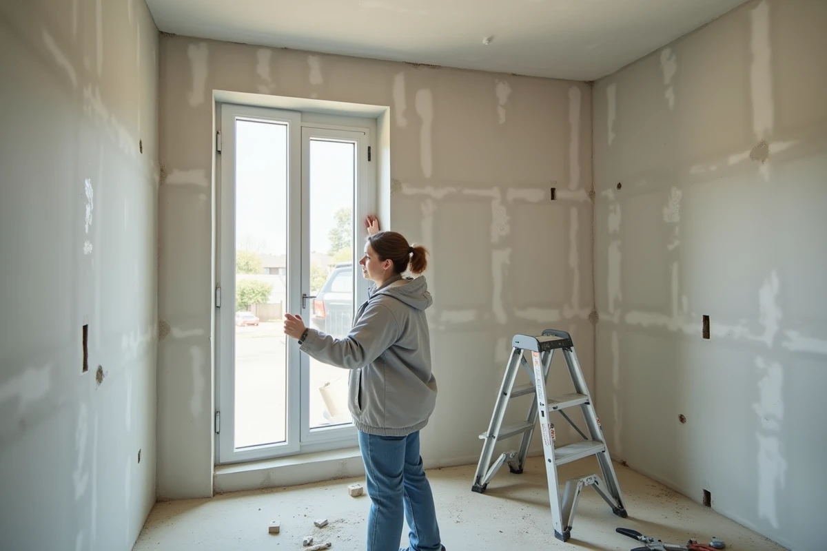Femme menuisière installant un cadre de fenêtre en PVC double vitrage dans une maison en rénovation