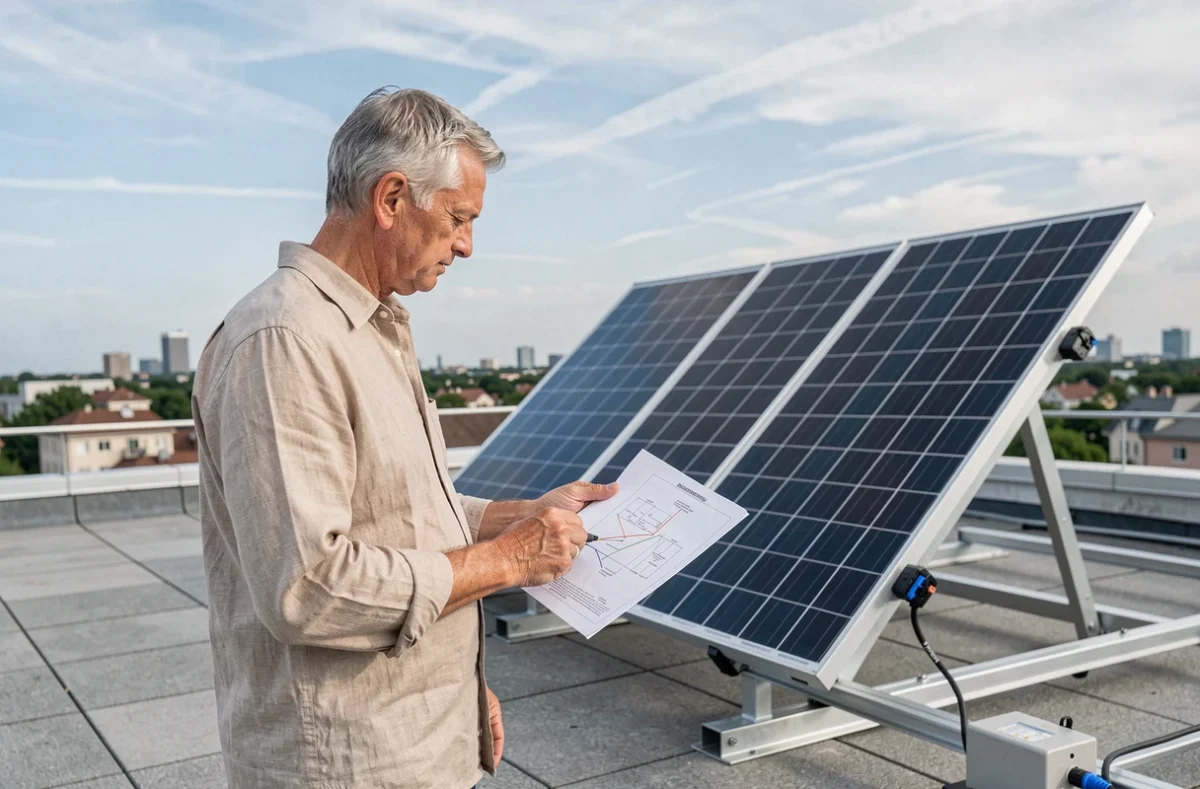 Homme consultant un schéma de câblage sur un toit résidentiel équipé de panneaux solaires polycristallins et de connecteurs MC4