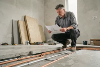 Technicien inspectant l'installation d'un plancher chauffant hydraulique sous une dalle en béton lors de travaux de rénovation