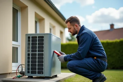 Technicien installant une pompe à chaleur air-air sur dalle béton dans un jardin résidentiel à Dijon