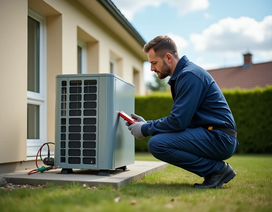 Technicien installant une pompe à chaleur air-air sur dalle béton dans un jardin résidentiel à Dijon