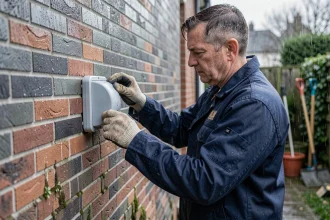 Électricien installant un raccord étanche sur une prise extérieure murale sous la pluie