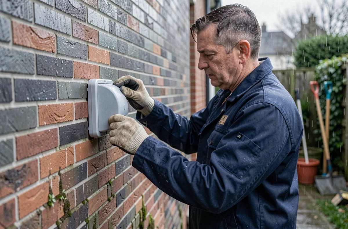 Électricien installant un raccord étanche sur une prise extérieure murale sous la pluie