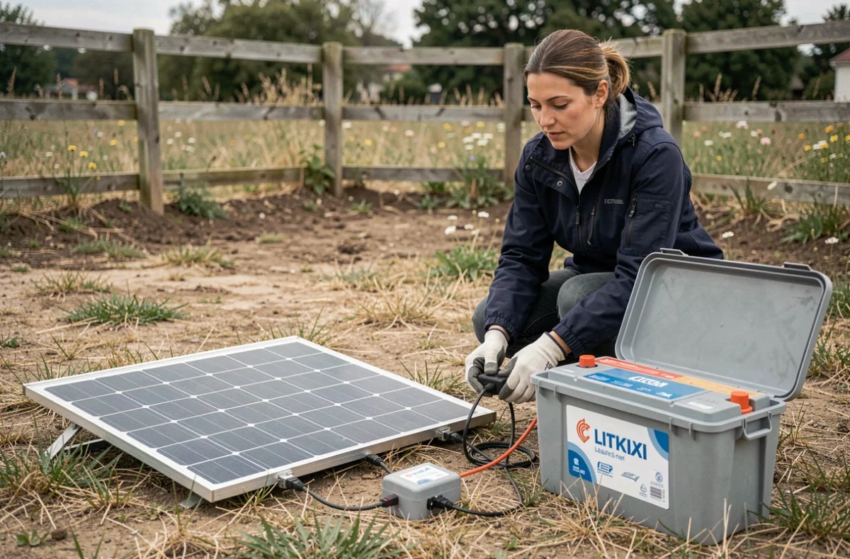Femme installant un régulateur de charge entre un panneau solaire portable et une batterie lithium en extérieur