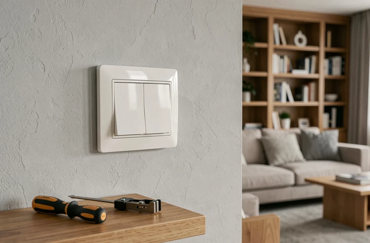 Interrupteur double va-et-vient Legrand installé proprement sur un mur gris dans un salon moderne avec outils posés à côté