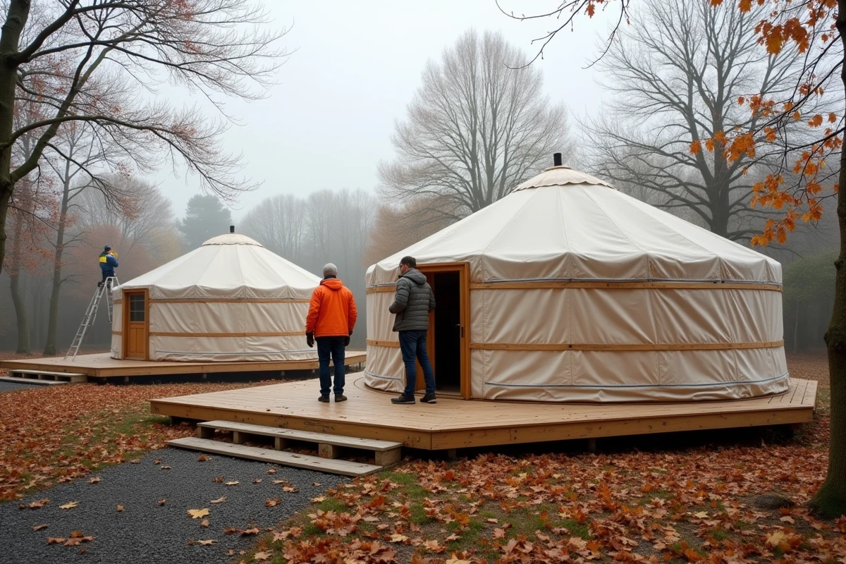 Couple installant une yourte sur plateforme bois en automne pour une habitation permanente