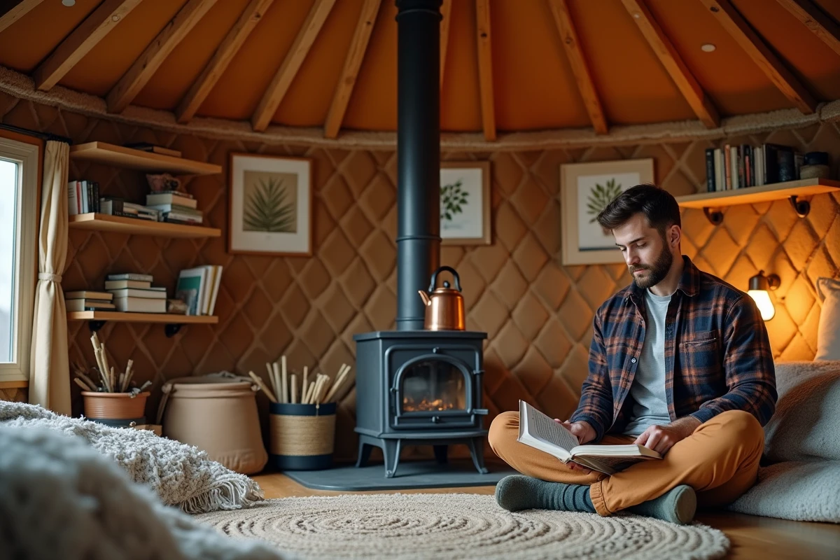 Intérieur chaleureux et aménagé d'une yourte habitable à l'année avec poêle à bois et mobilier artisanal