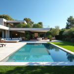 Jardin luxueux avec piscine moderne et terrasse en pierre