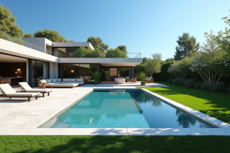 Jardin luxueux avec piscine moderne et terrasse en pierre