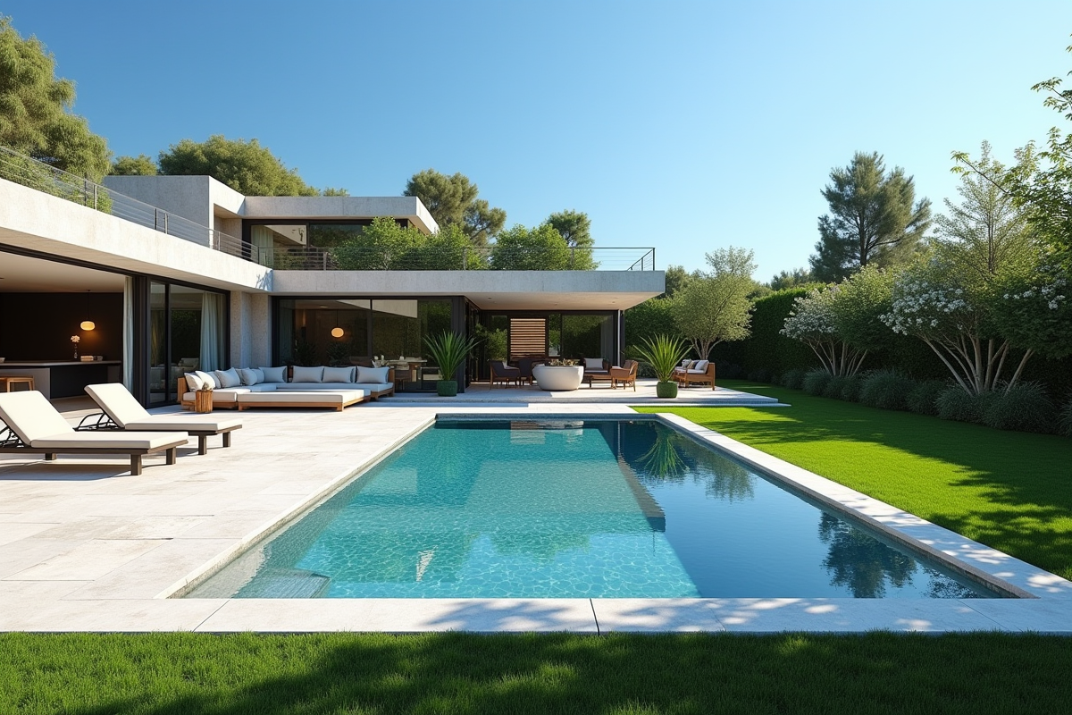 Jardin luxueux avec piscine moderne et terrasse en pierre