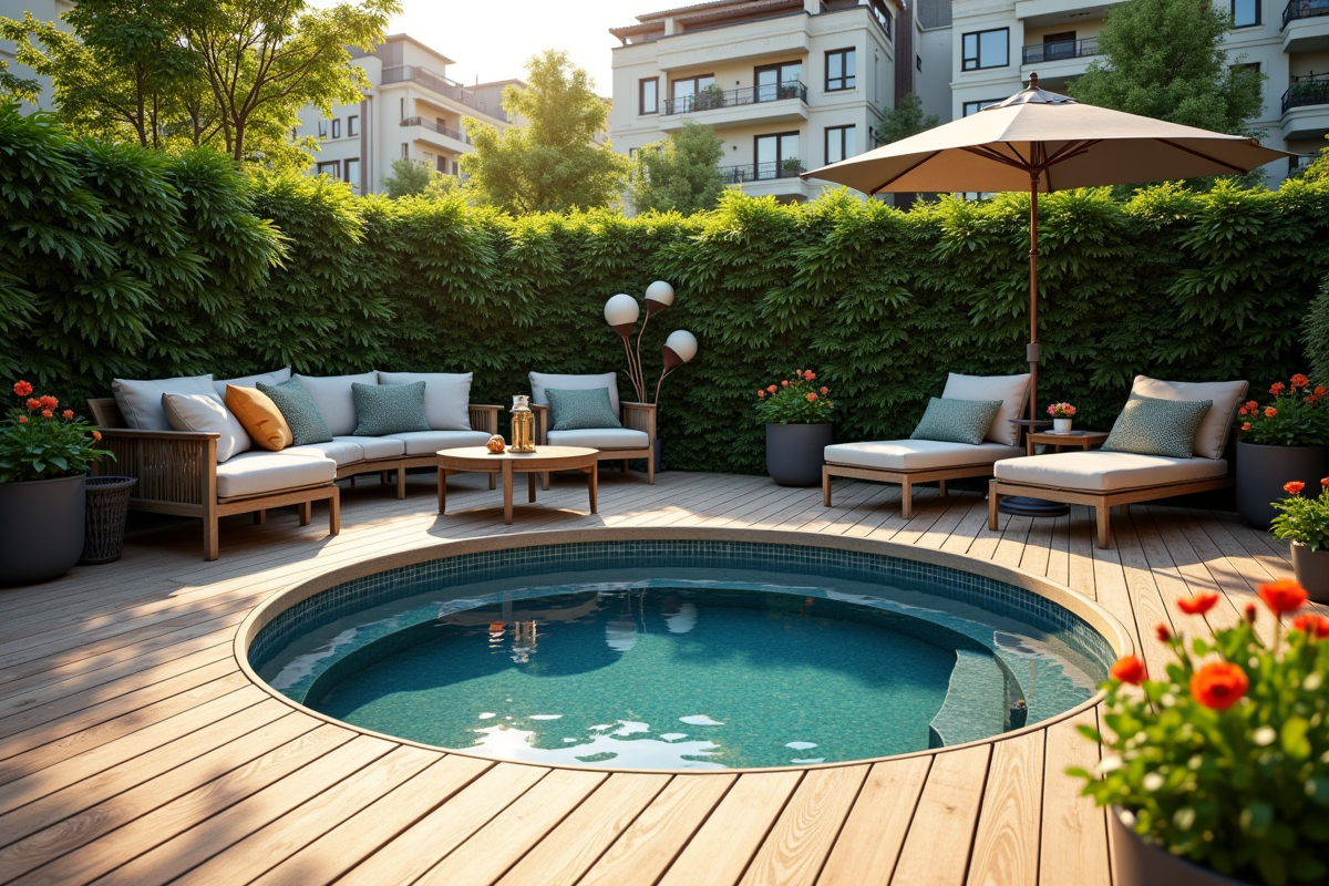 Petit jardin urbain avec bassin rond et mobilier cosy
