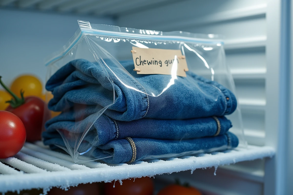 Jean en denim placé dans un sac congélation transparent dans un congélateur domestique pour durcir le chewing-gum avant de le retirer
