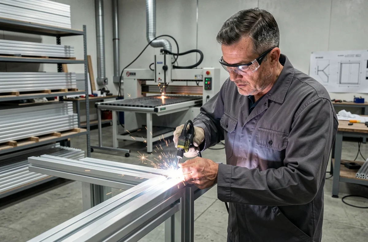 Spécialiste de Jeannin Aluminium SARL soudant un cadre de fenêtre en aluminium sur mesure dans un atelier industriel moderne
