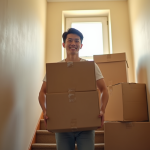 Jeune adulte portant des cartons dans un immeuble lumineux