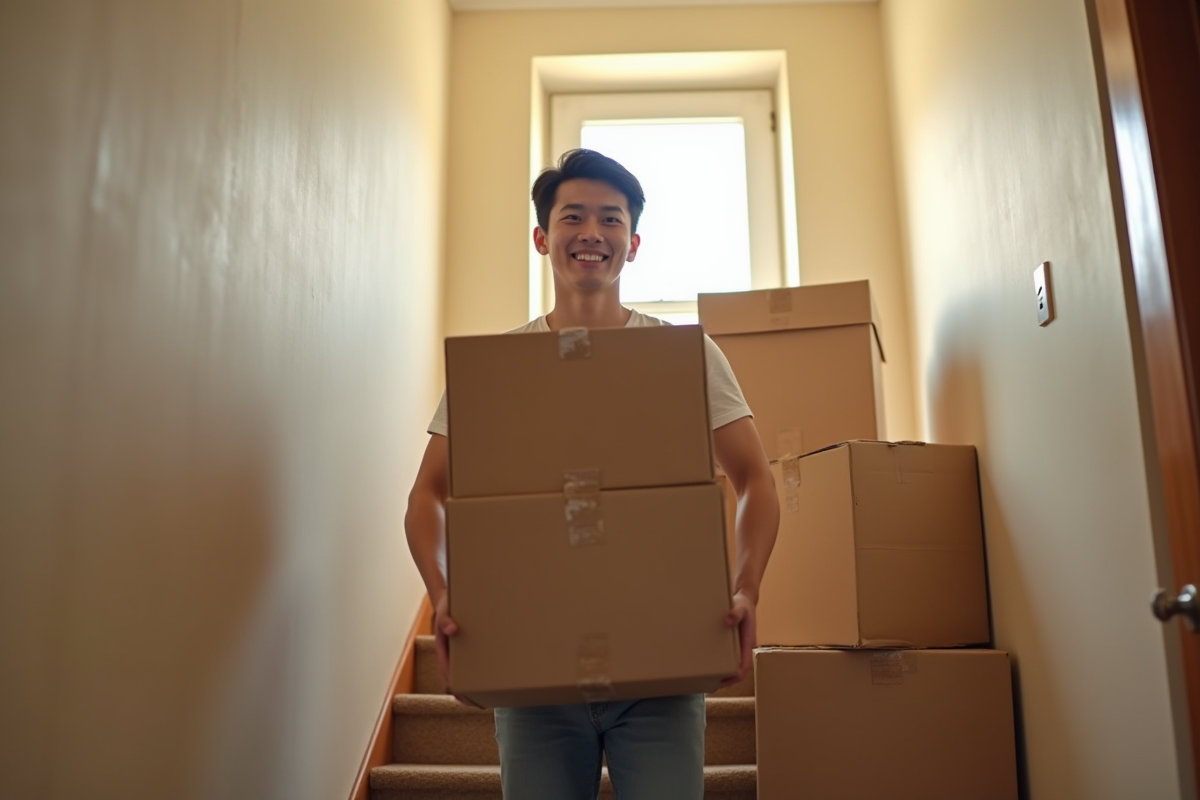 Jeune adulte portant des cartons dans un immeuble lumineux