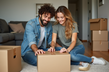 Jeune couple souriant préparant un déménagement dans un appartement