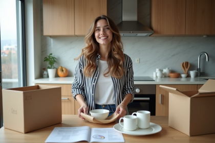 Jeune femme emballant des plats dans une cuisine moderne