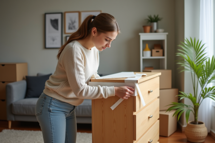 Jeune femme emballant un meuble en bois dans un salon cosy