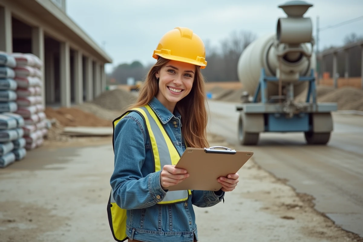 Jeune ingénieure inspectant une dalle de beton en extérieur