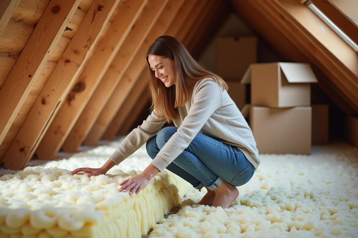 Jeune femme dans un grenier rénové avec isolation neuve
