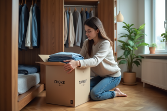 Jeune femme plie des vêtements dans une chambre organisée