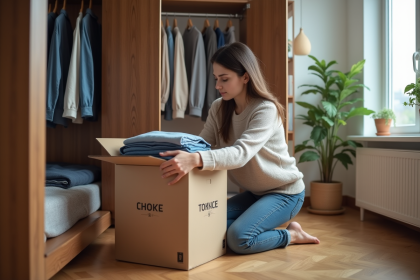 Jeune femme plie des vêtements dans une chambre organisée